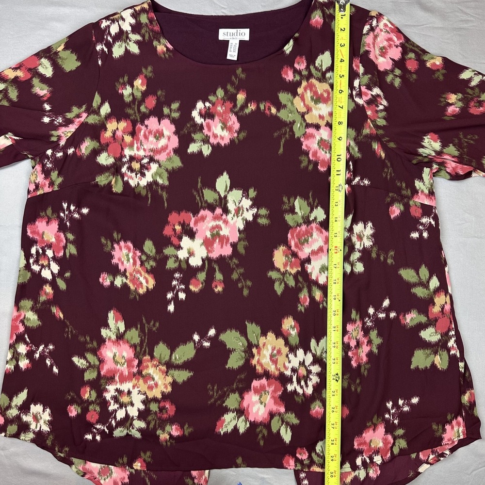 Women Tulip Back Top 2X Burgundy Pink Floral Print 3/4 Sleeve Tunic Dark Cottage - Picture 7 of 13